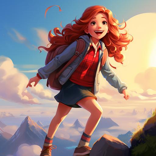 young, excited, big smile, girl with red backpack, long red hair and curly, wearing blue jacket, on top of a red check shirt, brown pants, brown boots, simple, cute, setting off on an adventure, girl standing on top of the mountain looking into a far discance, in the style of Disney and Pixar animation,