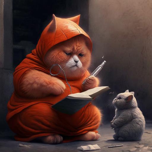 young fat orange cat in a red robe and a bag of Cheeto puffs in hand with a Cheeto puff in his mouth, with a smaller grey fluffy kitten sitting near with notepad and pen taking notes