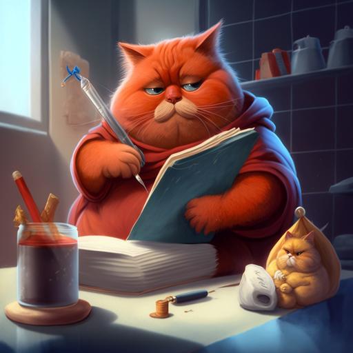 young fat orange cat in a red robe and a bag of Cheeto puffs in hand with a Cheeto puff in his mouth, with a smaller grey fluffy kitten sitting near with notepad and pen taking notes