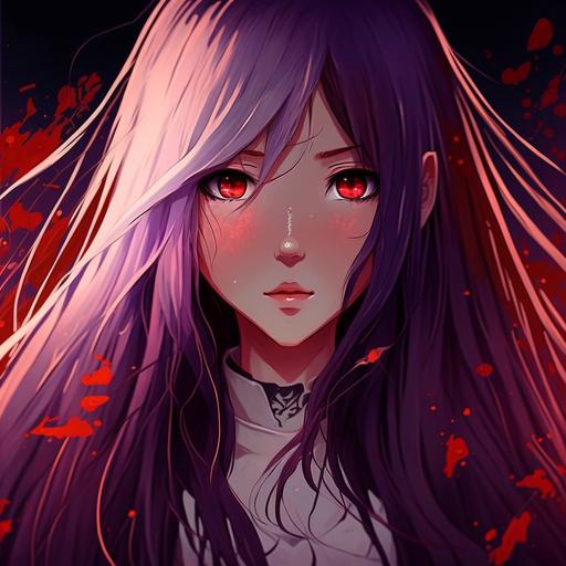 young female, white skin, long purple hair, kunoichi. Kakegurui, anime, character concept, red light, sharingan background