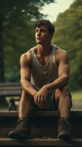 young fit guy sitting in a park, highly realistic, detailed, vintage, 35mm, 8k --ar 9:16