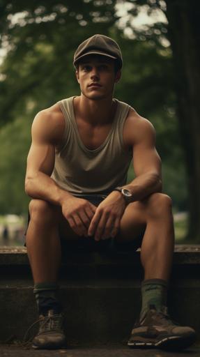 young fit guy sitting in a park, highly realistic, detailed, vintage, 35mm, 8k --ar 9:16