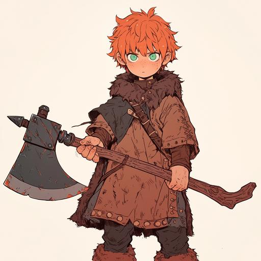 young ginger dwarf bearing axe, green eyes, very very short beard, minimalist line art, youthful protagonist, --niji 6