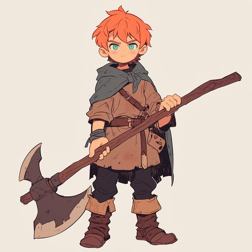 young ginger dwarf bearing axe, green eyes, very very short beard, minimalist line art, youthful protagonist, --niji 6