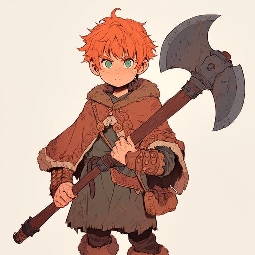 young ginger dwarf bearing axe, green eyes, very very short beard, minimalist line art, youthful protagonist, --niji 6