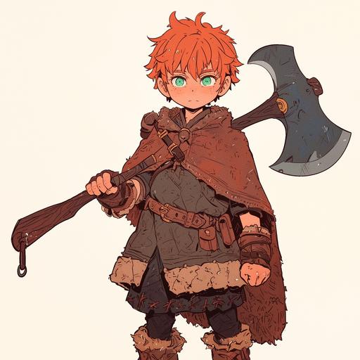 young ginger dwarf bearing axe, green eyes, very very short beard, minimalist line art, youthful protagonist, --niji 6