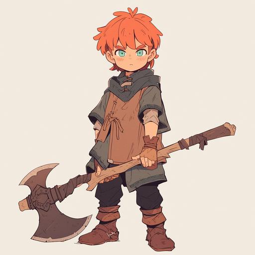 young ginger dwarf bearing axe, green eyes, very very short beard, minimalist line art, youthful protagonist, --niji 6