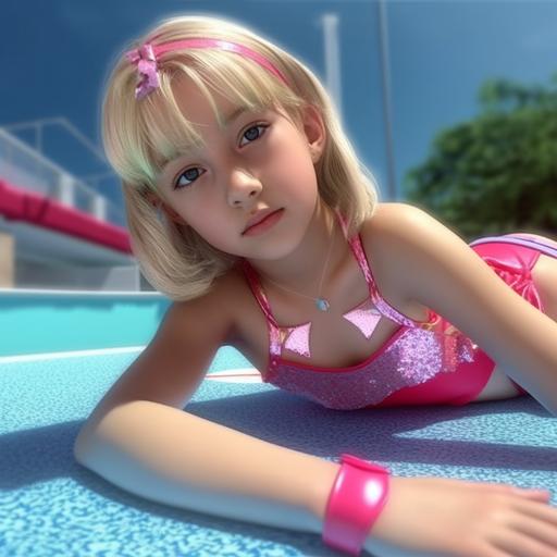 young girl, 11 years old, slender, looking at camera, diagonal composition, sandals with fake diamonds on her feet, blond hair with pink accents, cosplay, lying down, sunbathing, summer version,shiny swimsuit, T-back, by the pool, posing for the camera, low camera angle, hyper realistic renderings, UE5, UHD, 8k, de-noise.