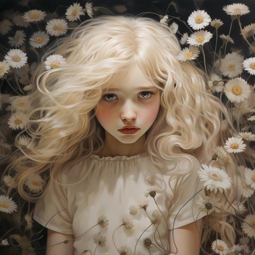 young girl blond hair , sad, with lot of daisy ,