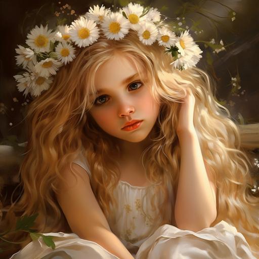 young girl blond hair , sad, with lot of daisy ,