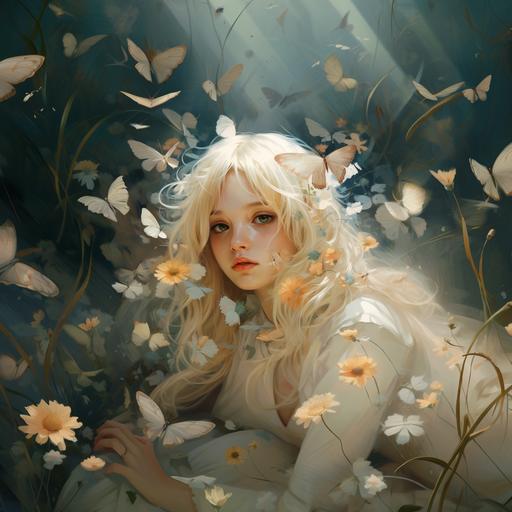 young girl blond hair , sad, with lot of daisy,she look bubblbee ans dragonflys