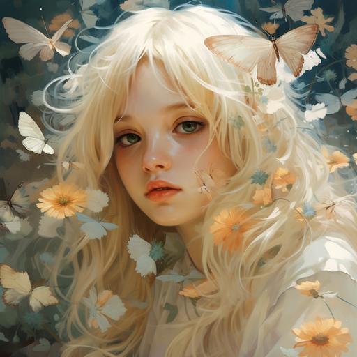 young girl blond hair , sad, with lot of daisy,she look bubblbee ans dragonflys