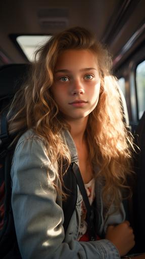 young girl with a bagpack in the back of the bus, sunny outside, Canon Eos 1DX Mark II, Phantom High-speed camera, Drone shot, Dramatic lighting, realistic style, --ar 9:16 --s 250