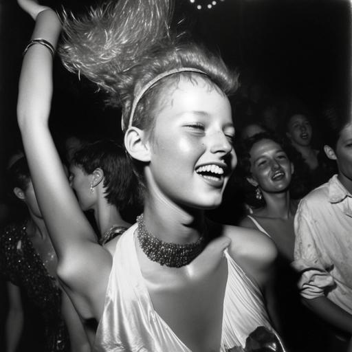 young gorgeous happy female rave-girl by bricktown, dancing at the Hacienda nightclub, Madchester, photo portrait by Arbus, Avedon and Mapplethorpe --v 4
