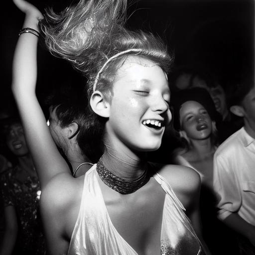 young gorgeous happy female rave-girl by bricktown, dancing at the Hacienda nightclub, Madchester, photo portrait by Arbus, Avedon and Mapplethorpe --v 4