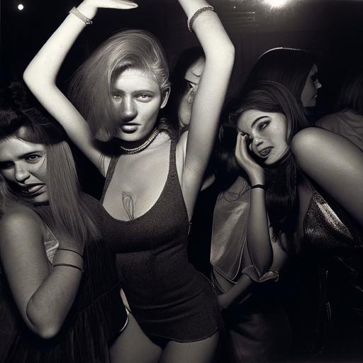 young gorgeous happy females rave-girls by bricktown, dancing at the Hacienda nightclub, 1999, photo portrait by Arbus, Avedon and Mapplethorpe --v 4