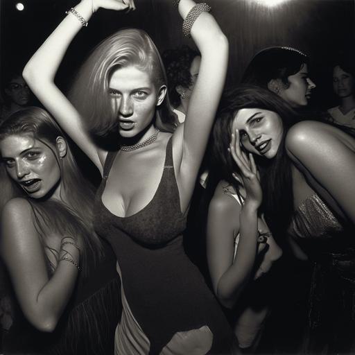 young gorgeous happy females rave-girls by bricktown, dancing at the Hacienda nightclub, 1999, photo portrait by Arbus, Avedon and Mapplethorpe --v 4