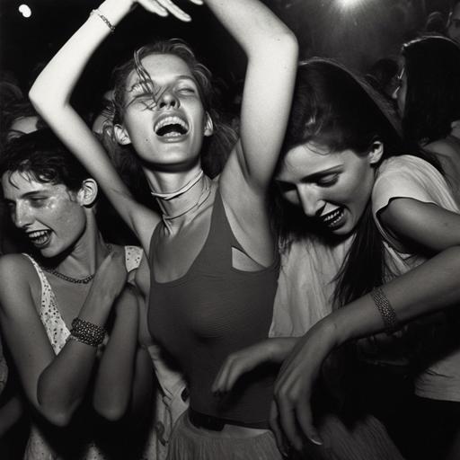 young gorgeous happy females rave-girls by bricktown, dancing at the Hacienda nightclub, 1989, photo portrait by Arbus, Avedon and Mapplethorpe --v 4