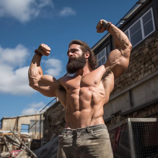 young hairy builder with exaggerated muscles doing a double bicep pose in front of a building site - raw photography