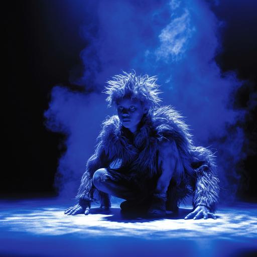 young hairy werewolf, theatrical stage, international klein blue light