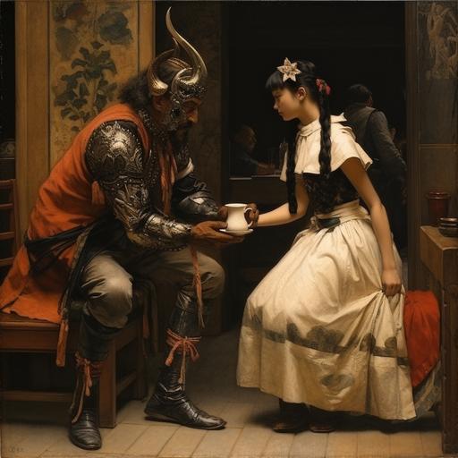 young hannya beauty belly dancer barefoot serving coffee to a man in suit by Anselm Feuerbach