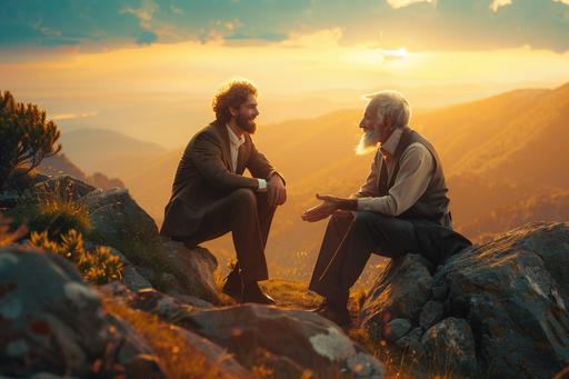 young happy guy in a suit talking to an old wise man on top of the mountain, bright light, picturesque, --ar 3:2