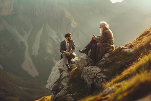 young happy guy in a suit talking to an old wise man on top of the mountain, bright light, picturesque, --ar 3:2