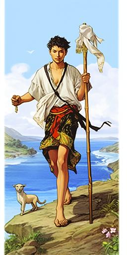 young japanese man on island carrying a bag on a stick and skipping carelessly. fullshot. photorealistic details. tarot card. --ar 1:2 --style raw