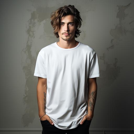young male model with slightly long hair of a slender build in full length in a white T-shirt for a mockup, studio photo on a light gray background:: --s 750 --v 5.2