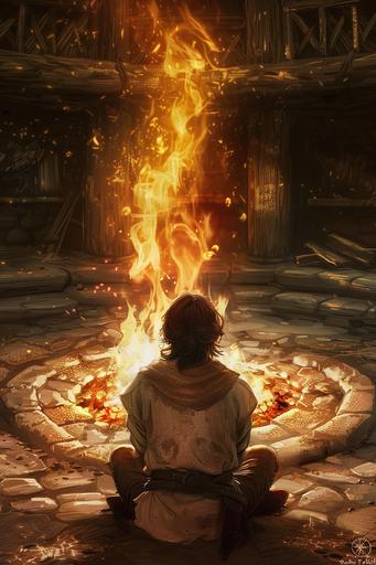 young male wizard sits infront of a hearth fire in the centre of a circular village hall, brown hair, sad expression, staring into the fire where the form of woman stares back, fantasy themed, fire light --ar 2:3 --v 6.0