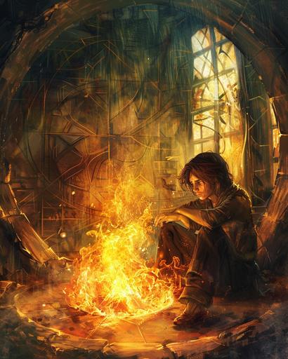 young male wizard sits infront of a hearth fire in the centre of a circular village hall, brown hair, sad expression, staring into the fire where the form of woman stares back, fantasy themed, fire light --ar 4:5
