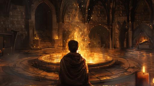 young male wizard sits infront of a hearth fire in the centre of a circular village hall, brown hair, sad expression, staring into the fire where the form of woman stares back, fantasy themed, fire light --ar 16:9