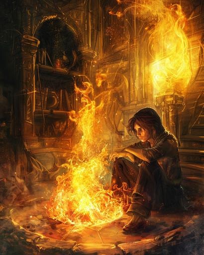 young male wizard sits infront of a hearth fire in the centre of a circular village hall, brown hair, sad expression, staring into the fire where the form of woman stares back, fantasy themed, fire light --ar 4:5 --v 6.0
