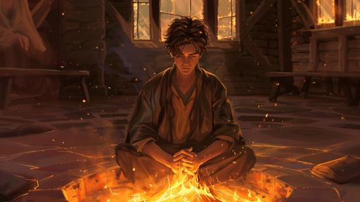 young male wizard sits infront of a hearth fire in the centre of a circular village hall, brown hair, sad expression, staring into the fire where the form of woman stares back, fantasy themed, fire light --ar 16:9