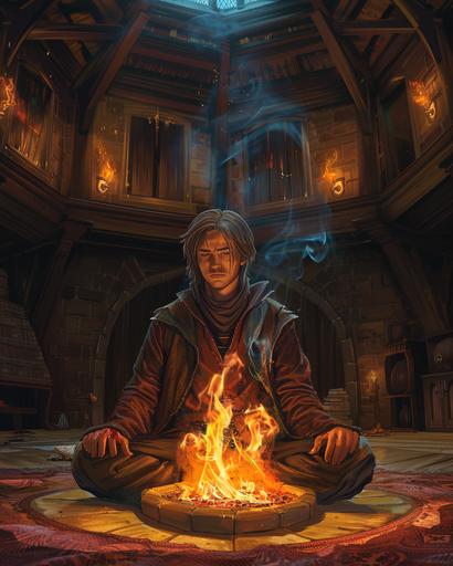 young male wizard sits infront of a hearth fire in the centre of a circular village hall, brown hair, sad expression, staring into the fire where the form of woman stares back, fantasy themed, fire light --ar 4:5 --v 6.0