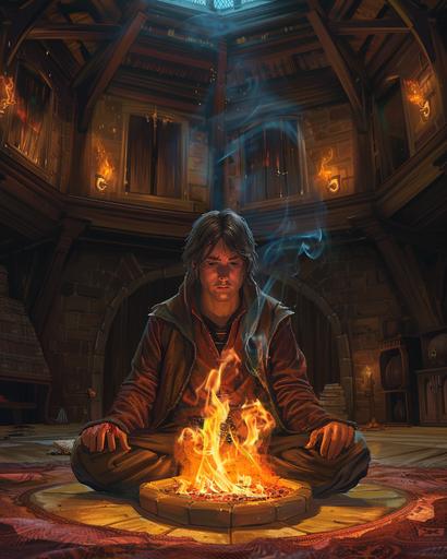 young male wizard sits infront of a hearth fire in the centre of a circular village hall, brown hair, sad expression, staring into the fire where the form of woman stares back, fantasy themed, fire light --ar 4:5