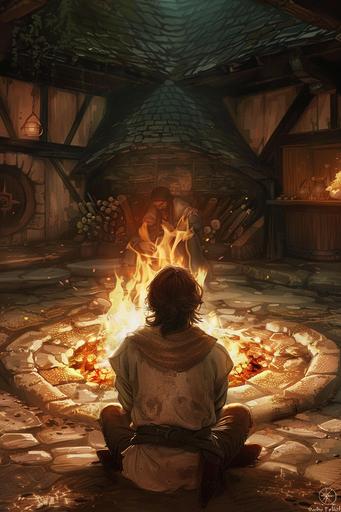 young male wizard sits infront of a hearth fire in the centre of a circular village hall, brown hair, sad expression, staring into the fire where the form of woman stares back, fantasy themed, fire light --ar 2:3