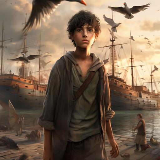 young, male, young teen, street urchin, black hair, olive skin, blind, grey blind eyes, eagle wings, birds flying in the background, on the docks, shoreline, ships, fantasy, medieval