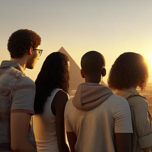 young man black hair and 4 european girls all aged 20 years old and wearing ocidental clothes watching the sunset in the top of a hill in front of the 3 great pyramids of giza, sunlight, facial emotion, 3 pyramids in perfect alignment, hyper realistic, super detailed, 4K v 4