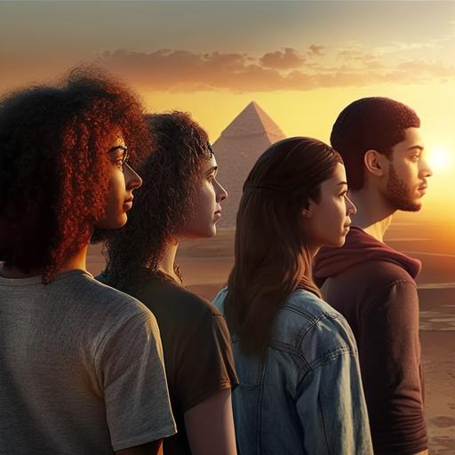 young man black hair and 4 european girls all aged 20 years old and wearing ocidental clothes watching the sunset in the top of a hill in front of the 3 great pyramids of giza, sunlight, facial emotion, 3 pyramids in perfect alignment, hyper realistic, super detailed, 4K v 4