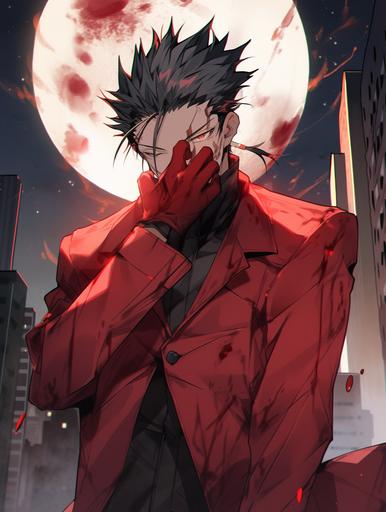 young man, black hair, red eyes, vampire, wearing a trenchcoat, new york city background, blood red moon, night time, half-body potrait, jujutsu kaisen style, 8k --ar 3:4 --niji 5 --v 5