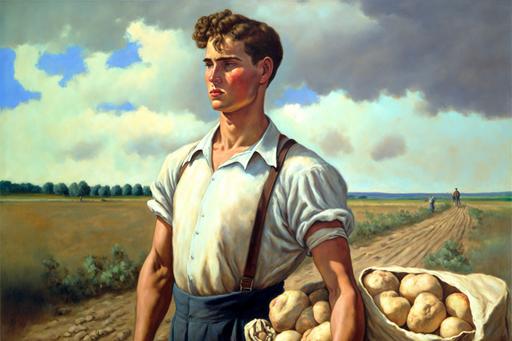 young man in working clothes with a sack of potatoes on his shoulder, light picture, Russian countryside, field of potatoes, blue sky, USSR, impressionism, oil painting --ar 3:2 --q 2 --v 4 --uplight