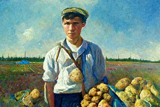young man in working clothes with suspenders, sack of potatoes on his shoulder, light picture, full-length, Russian village, field of potatoes, blue sky, USSR, impressionism, oil painting --ar 3:2