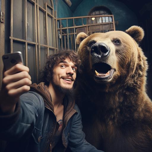 young man making selfie with bear, cage, zoo, funy