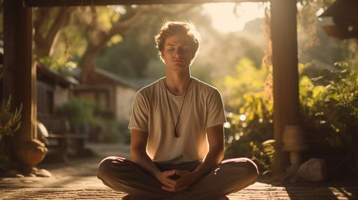 young man meditating in Carmel, California. Fever dream. Psychedelic. Cinematic. Shallow depth of field. --ar 16:9