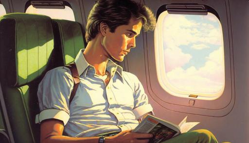 young man sitting comfortably on airplane, 80s animation, --ar 16:9