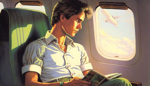 young man sitting comfortably on airplane, 80s animation, --ar 16:9