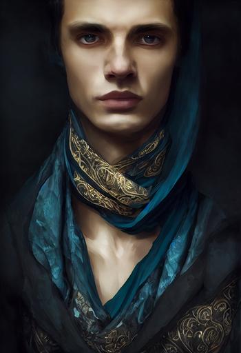 young man, skinny, portrait, black messy hair, pale, melancholic, blue eyes, dark eye bags, teal scarf and brown robes , rule of thirds, ambient light, extreme detail, realistic, 8k render, ornate, intricate, medieval fantasy, muted colors , by Peter Mohrbacher --ar 9:16 --test --creative --upbeta