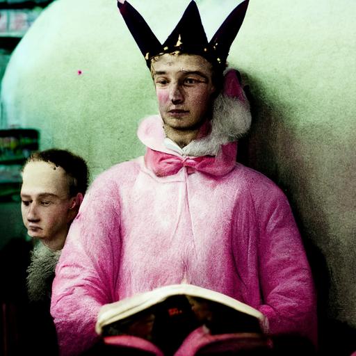 young man wearing a crown, young man wearing a pink bunny costume, in a bookstore