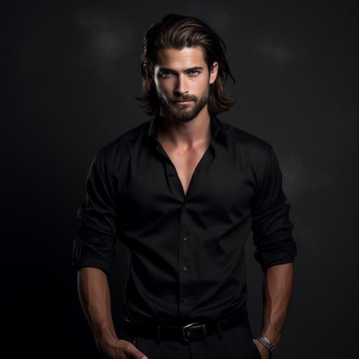 young man with elegant and captivating appearance. With long dark, tied-up hair, a well-groomed beard and penetrating eyes. black casual shirt that reflects your refined taste and sense of style. Your posture is always impeccable, highlighting your natural outfit –s 600 –q 4 –w 1920 –h 1080 –uplight --ar 1:1